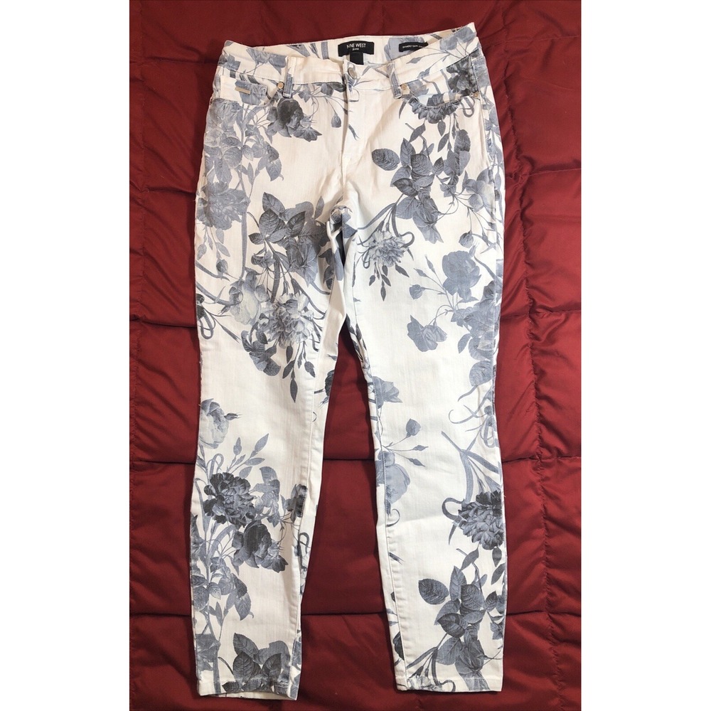 Nine West Jeans Women's Size 6 White Blue Floral Gramercy Skinny Ankle (29x25)
